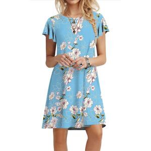 New Blue floral Ruffle Round Neck Loose Swing Dress with Pockets S